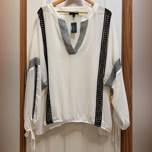 NWT Lane Bryant Ivory and Black Sheer Embroidered Boho Peasant Blouse